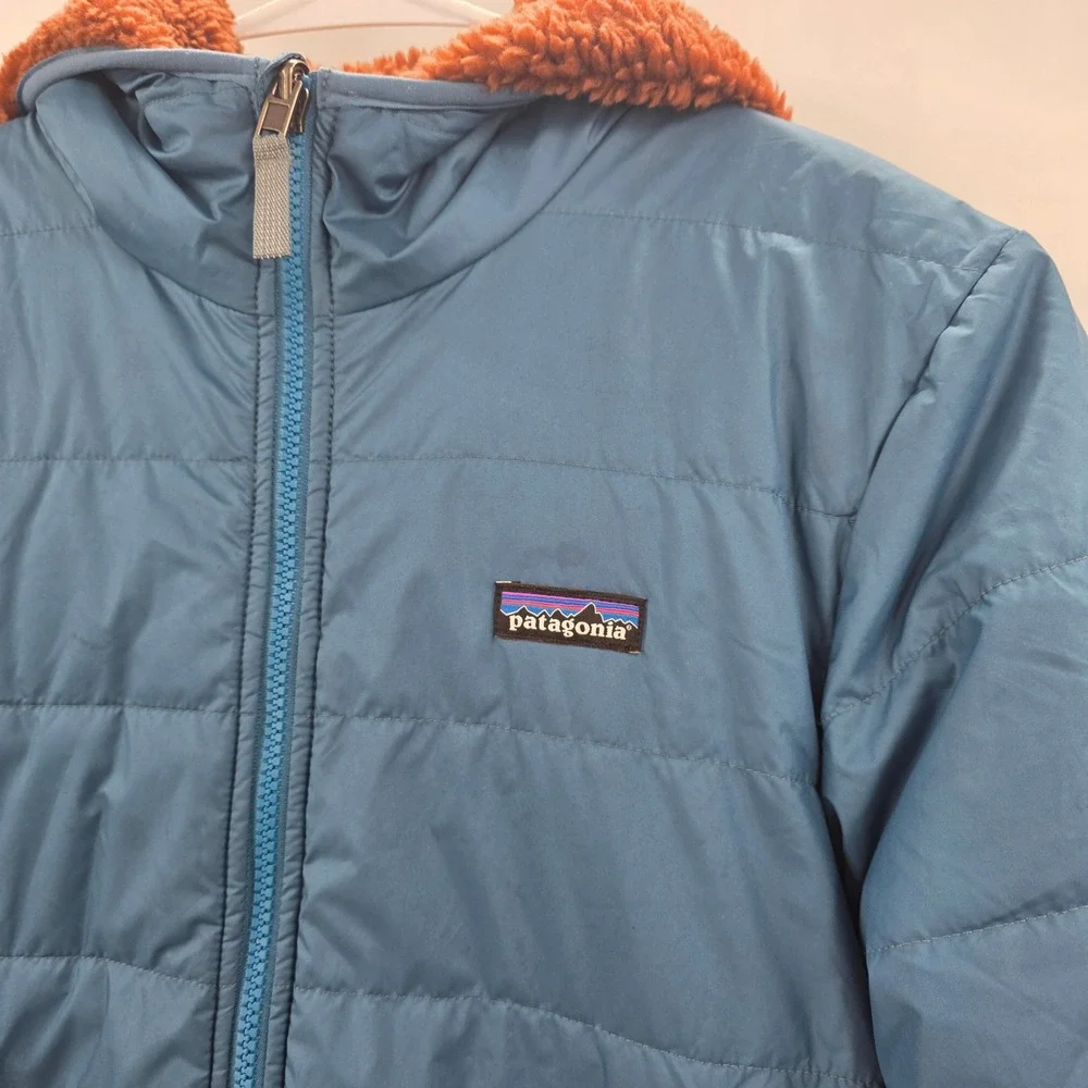 PATAGONIA REVERSIBLE HOODIE KIDS XXL 16-18 2XL BLUE BROWN READY FREDDY JACKET